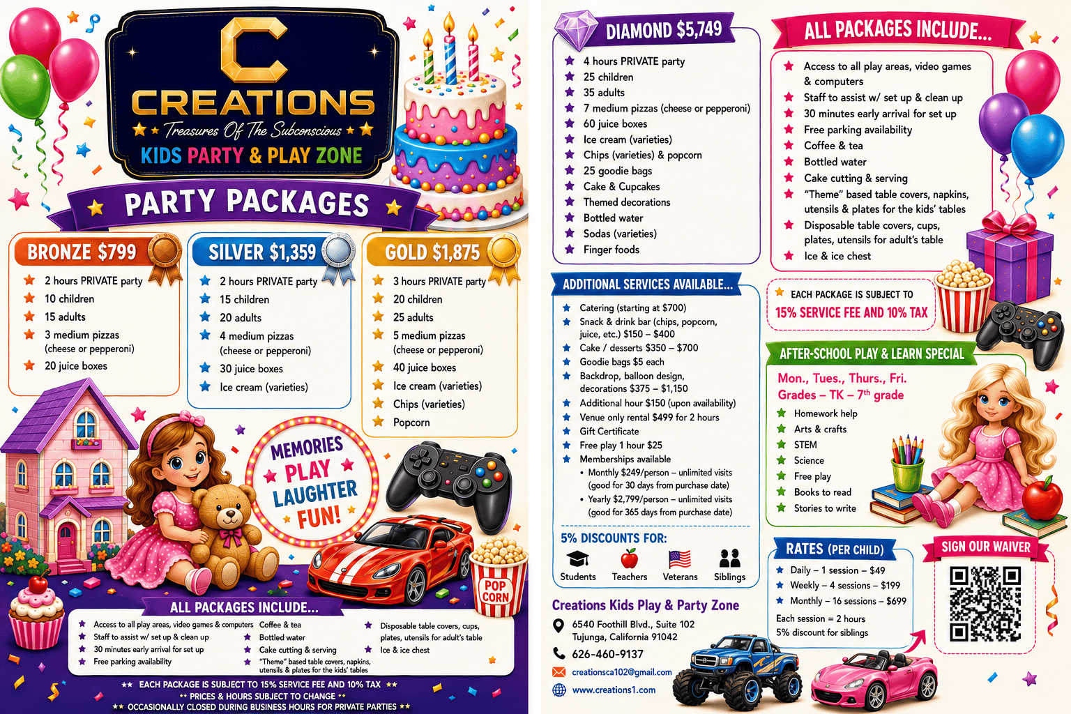 Colorful kids party flyer showing party packages